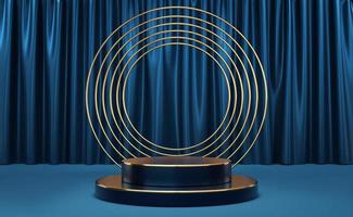 Empty blue cylinder podium with gold border and gold circle on blue curtain background. Abstract minimal studio 3d geometric shape object. Mockup space for display of product design. 3d rendering. photo