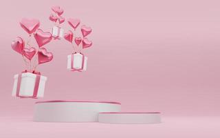 Empty white cylinder podium with pink border, gift boxes, hearts balloons on copy space background. Valentine's Day interior with pedestal. Mockup space for display of product design. 3d rendering. photo