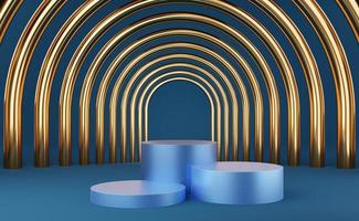 Empty blue cylinder podium and gold arch on blue background. Abstract minimal studio 3d geometric shape object. Mockup space for display of product design. 3d rendering. photo