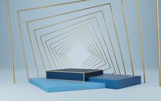 Empty blue cube podium with gold border and gold square on gray background. Abstract minimal studio 3d geometric shape object. Mockup space for display of product design. 3d rendering. photo