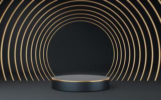 Empty gray cylinder podium with gold border and circle on gray background. Abstract minimal studio 3d geometric shape object. Pedestal mockup space for display of product design. 3d rendering. photo