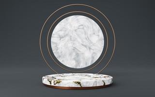 Empty white marble cylinder podium with gold striped and copper circle on gray background. Abstract minimal studio 3d geometric shape object. Mockup space for display of product design. 3d rendering. photo