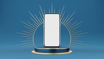 Blue mobile phone on cylinder podium with gold border and spiked halo circle on blue background. Pedestal mockup space for luxury and modern. smartphone with blank white screen. 3d rendering. photo