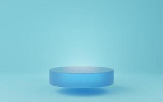 Empty blue cylinder podium floating on blue background. Abstract minimal studio 3d geometric shape object. Mockup space for display of product design. 3d rendering. photo