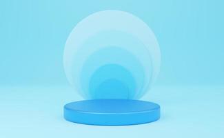 Empty blue cylinder podium on blue background. Abstract minimal studio 3d geometric shape object. Mockup space for display of product design. 3d rendering. photo