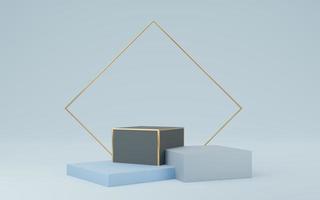 Empty black and blue cube podium with gold border and gold square on gray background. Abstract minimal studio 3d geometric shape object. Mockup space for display of product design. 3d rendering. photo