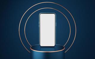 Blue mobile phone on cylinder podium with gold border and 2 copper circle on blue background. Minimal studio 3d. Pedestal mock up space for modern. smartphone with blank white screen. 3d rendering. photo