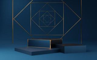 Empty blue cube podium with gold border  and gold square on blue background. Abstract minimal studio 3d geometric shape object. Mockup space for display of product design. 3d rendering. photo