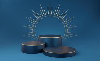 3 podio de cilindro azul oscuro vacío con borde dorado y círculo de halo con púas sobre fondo azul. estudio mínimo abstracto objeto de forma geométrica 3d. espacio de maqueta de pedestal para exhibición de lujo. representación 3d