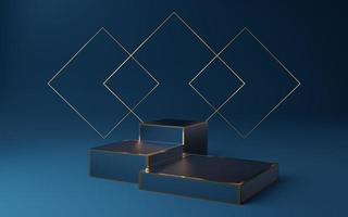 Empty blue cube podium with gold border and gold square on blue background. Abstract minimal studio 3d geometric shape object. Mockup space for display of product design. 3d rendering. photo