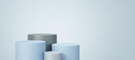 4 podio de cilindro gris y azul vacío flotando en el fondo del espacio de copia en blanco. estudio mínimo abstracto objeto de forma geométrica 3d. espacio de maqueta de pedestal para mostrar el diseño del producto. representación 3d foto