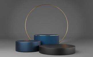 Empty blue and gray cylinder podium with gold border and gold circle on gray background. Abstract minimal studio 3d geometric shape object. Mockup space for display of product design. 3d rendering. photo
