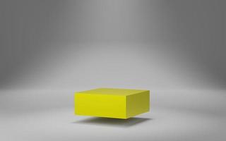 podio de cubo amarillo vacío flotando sobre fondo gris. estudio mínimo abstracto objeto de forma geométrica 3d. espacio de maqueta para mostrar el diseño del producto. representación 3d foto