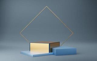 3 Empty yellow cube podium with blue border and gold square on blue background. Abstract minimal studio 3d geometric shape object. Mockup space for display of product design. 3d rendering. photo