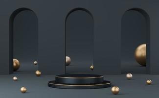 Empty black cylinder podium with gold border and ball on three arch gray background. Abstract minimal studio 3d geometric shape object. Pedestal mockup space for display of product design. 3d render. photo