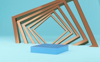 Empty blue cube podium with gold frame on blue background. Abstract minimal studio 3d geometric shape object. Mockup space for display of product design. 3d rendering. photo