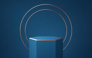 Empty blue hexagon podium with gold border and 2 copper circle floating on blue background. Abstract minimal studio 3d geometric shape object. Mockup space for display of product design. 3d rendering. photo
