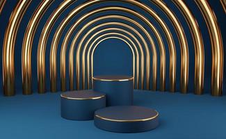 Empty blue cylinder podium with gold border and gold arch on blue background. Abstract minimal studio 3d geometric shape object. Mockup space for display of product design. 3d rendering. photo