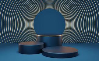 Empty blue cylinder podium with gold border and gold circle on blue background. Abstract minimal studio 3d geometric shape object. Mockup space for display of product design. 3d rendering. photo