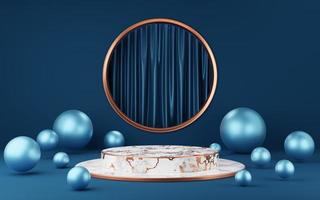 Empty white marble cylinder podium with copper border, striped, ball on gold circle arch and curtain background. 3d geometric shape object. Pedestal mockup space for display. 3d rendering. photo