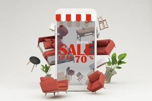 concepto de diseño de interiores venta de decoración y muebles para el hogar durante promociones y descuentos, está rodeado de camas, sofás, sillones y espacios publicitarios. fondo pastel renderizado 3d foto