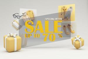 fashion clothes During online shopping promotions and discounts will be surrounded by shirts, shoes, sunglasses and gift boxes and packages with advertising space banner pastel background 3d rendering photo