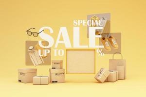 fashion clothes During online shopping promotions and discounts will be surrounded by shirts, shoes, sunglasses and gift boxes and packages with advertising space banner pastel background 3d rendering photo