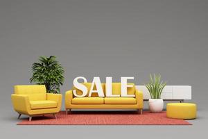 concepto de diseño de interiores venta de decoración y muebles para el hogar durante promociones y descuentos, está rodeado de camas, sofás, sillones y espacios publicitarios. fondo pastel renderizado 3d foto