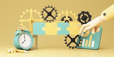 Business teamwork and organizational collaboration concepts to work together to solve problems with cogs gears. The jigsaw of teamwork and data analysis, on pastel color cartoon style. 3D rendering. photo