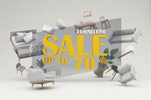 interior design concept Sale of home decorations and furniture During promotions and discounts, it is surrounded by beds, sofas, armchairs and advertising spaces banner. pastel background. 3d render photo