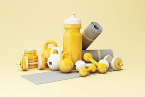 3D render illustration, sport fitness equipment, male and female concept, yoga mat, bottle of water, dumbbells, weights, with Fitness shoes and pulse watches isolate on pastel background. 3d render photo