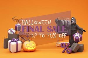 Halloween Sale Promotion Poster or banner with Halloween Pumpkin and fashion shopping clothes and gift box with Product podium scene.Website spooky,Background for banner Halloween template. 3d render photo