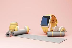 3D render illustration, sport fitness equipment, male and female concept, yoga mat, bottle of water, dumbbells, weights, with Fitness shoes and pulse watches isolate on pastel background. 3d render photo