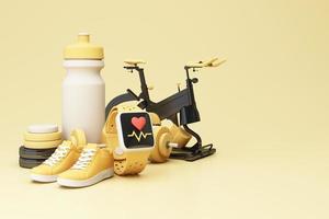 Ilustración de presentación en 3d, equipo de fitness deportivo, concepto masculino y femenino, colchoneta de yoga, botella de agua, pesas, pesas, con zapatos de fitness y relojes de pulso aislados en fondo pastel. renderizado 3d foto