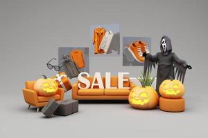 Halloween Sale Promotion Poster or banner with Halloween Pumpkin and fashion shopping clothes and gift box with Product podium scene.Website spooky,Background for banner Halloween template. 3d render photo