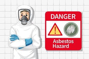 Man in protective hazmat suit with danger asbestos hazard sign