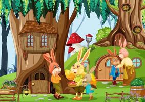 Rabbit family in fantasy forest vector