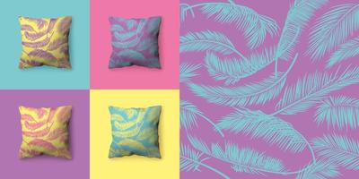 Set of seamless patterns with palm leaves in pastel colors. Vector patterns for wallpaper, wrapping paper, textiles, fabrics, backgrounds. Pillows with seamless pattern of palm branches.