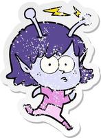 distressed sticker of a cartoon alien girl vector