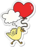 cartoon bird with heart balloon and thought bubble as a printed sticker vector