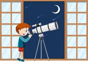 un niño observa el cielo nocturno con telescopio vector