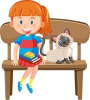 A girl reading book sitting on bench with a cat vector