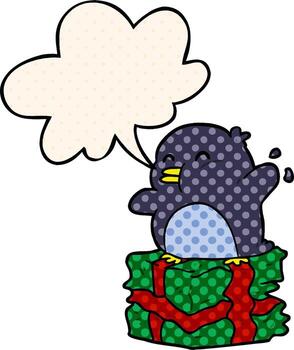 pingüino de dibujos animados en regalo envuelto y burbuja de habla al estilo de un libro de historietas vector