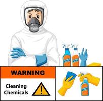 hombre en traje protector de materiales peligrosos con señal de advertencia de productos químicos de limpieza vector