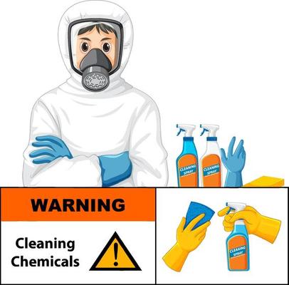 Man in protective hazmat suit with warning cleaning chemicals sign