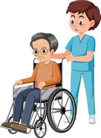 Caregiver with elderly man in wheelchair vector