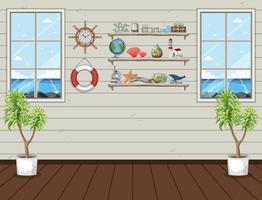 Miscellaneous objects on wall shelves in the room vector