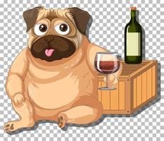 perro pug bebiendo vino personaje de dibujos animados vector