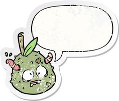 cartoon rotting old pear and worm and speech bubble distressed sticker vector