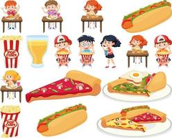 conjunto de diferentes comidas chatarra y niños vector